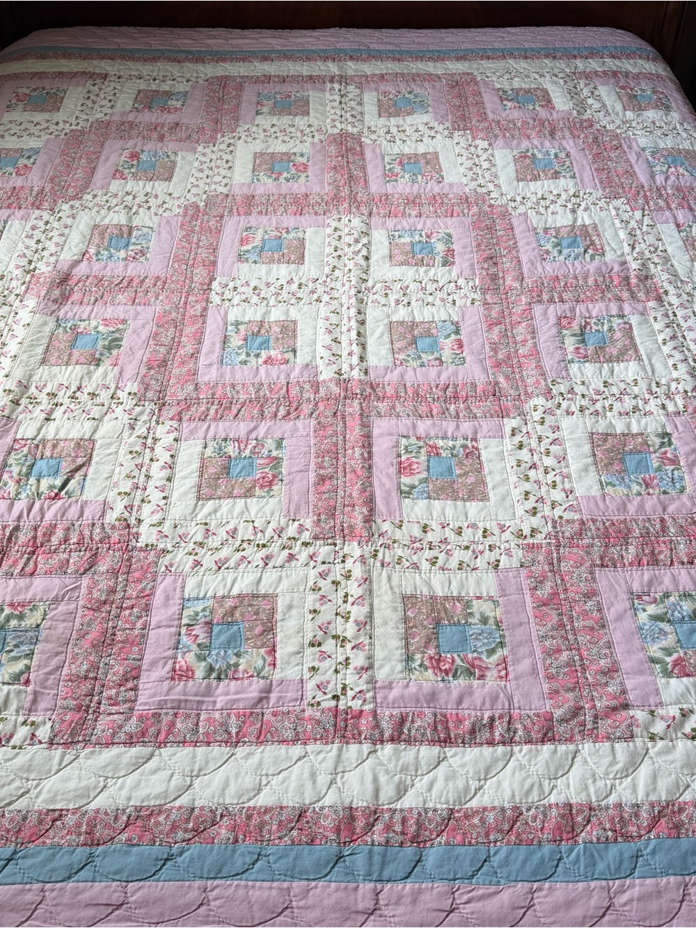 Vintage Cottage Floral Log Cabin Quilt 80” x 80” Hand Stitched  Cotton Quilt